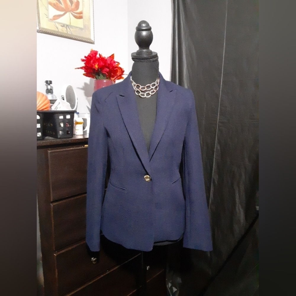 Tahari Women's Blue Fitted Faux Pocket Gold Button Up Blazer Size 2 Peti…